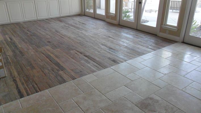 Picture of Antique Reclaimed Wood Floor & Versailles Pattern Travertine Tiles Pictures